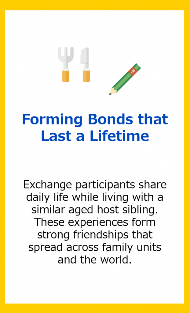 Forming Bonds that Last a Lifetime: Exchange participants share daily life while living with a similar aged host sibling. These experiences form strong friendships that spread across family units and the world.