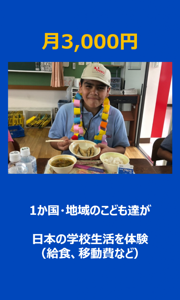 月3,000円：1か国・地域のこども達が日本の学校生活を体験（給食、移動費など）